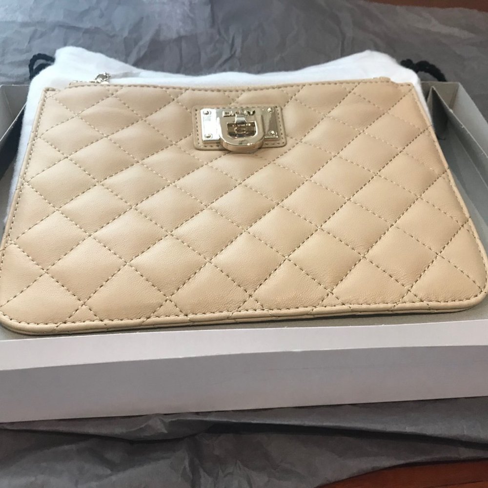 DKNY Quilted Nappa Leather Clutch in Sand NWT